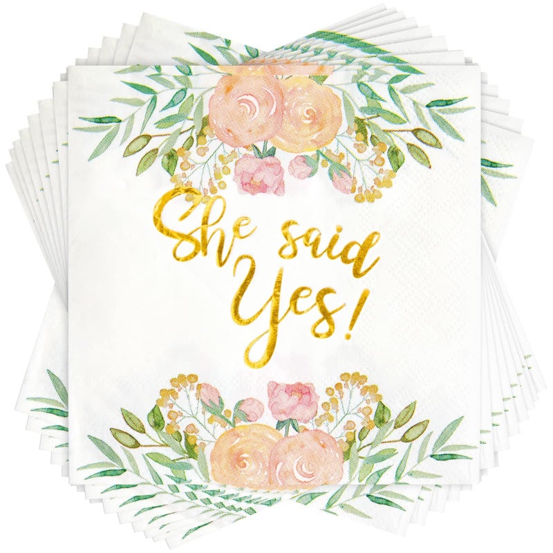 Sparkle and Bash Engagement Napkins for Party - 50-Pack, 5 x 5 In, 3-Ply, Gold Foil - She Said Yes Floral Design - Cocktail Napkins & Engagement Paper - Image 1